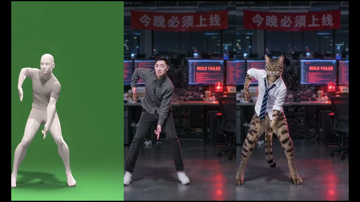 BAD dance shown as a mannequin, a human in an office and a tabby character, side by side
