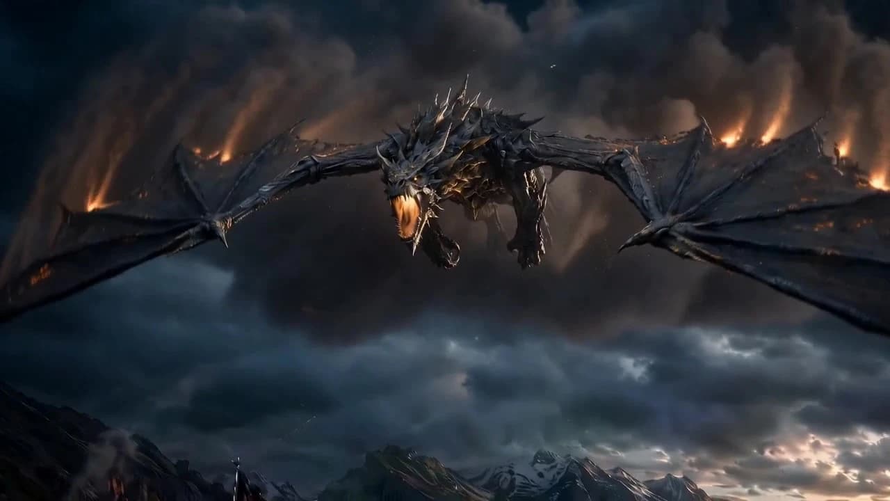 A war dragon bursting through storm clouds above marching armies