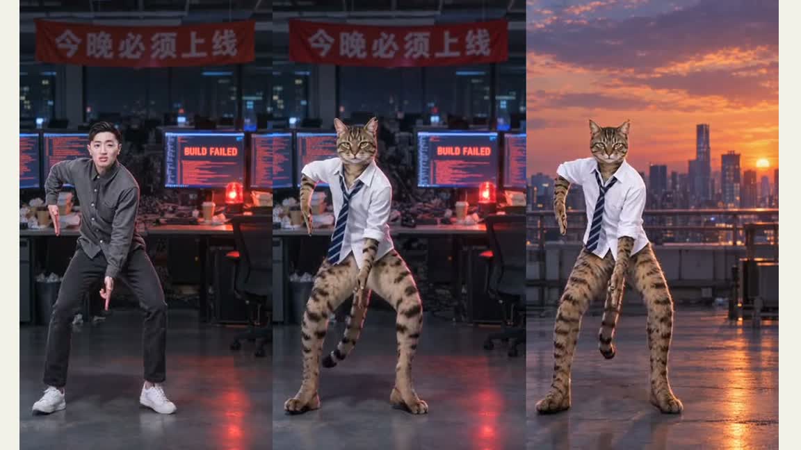 Office human reference, office cat variant and sunset rooftop cat variant shown side by side